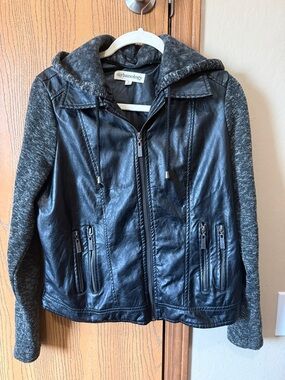 Urbanology Black Faux Leather Jacket with Gray Knit Hood & Sleeves